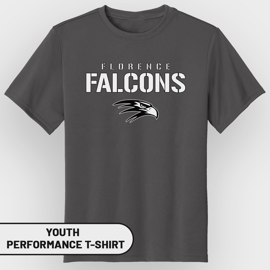 Youth performance t-shirt with "Florence Falcons" text and eagle logo.