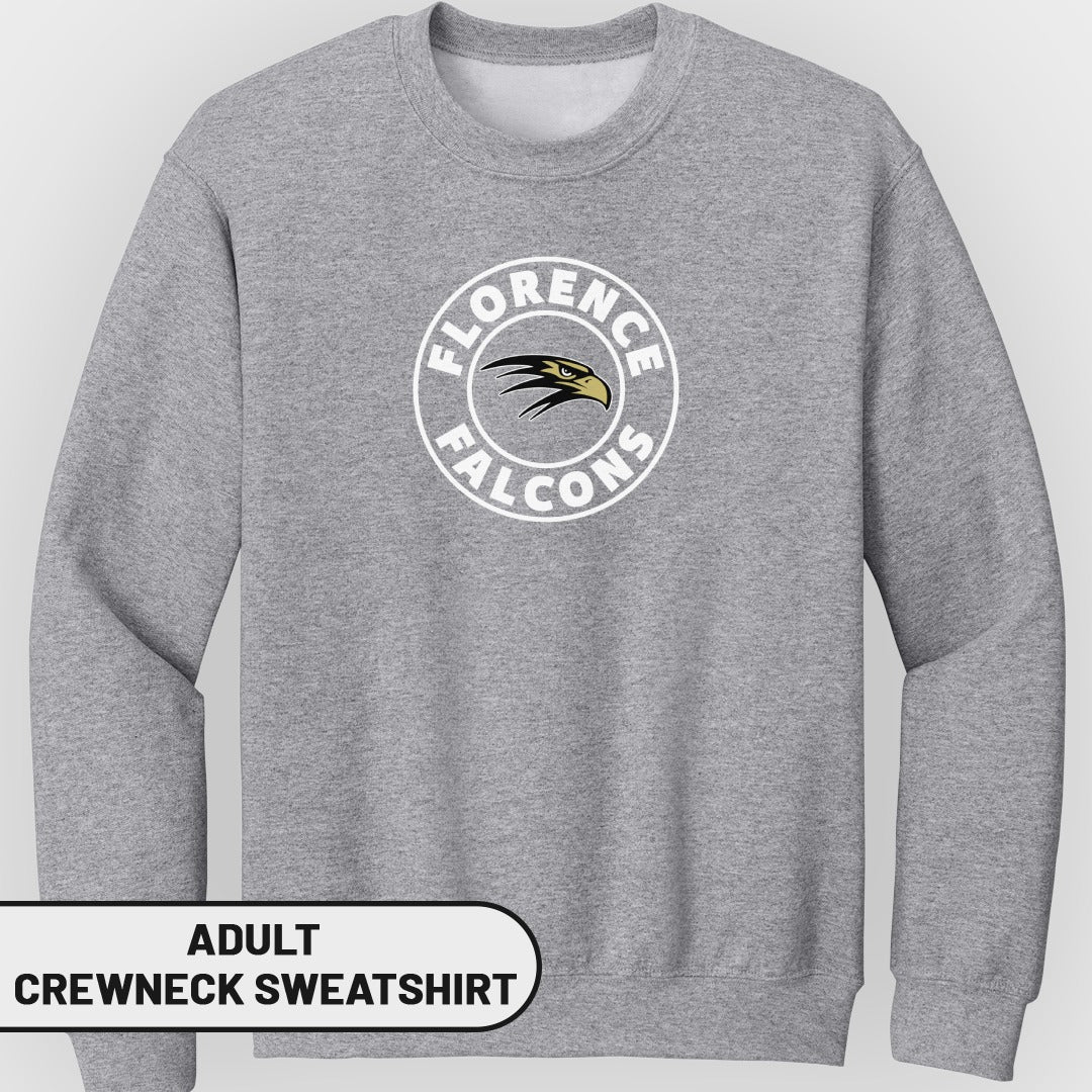 Grey adult crewneck sweatshirt with a circular "Florence Falcons" logo and a falcon head.