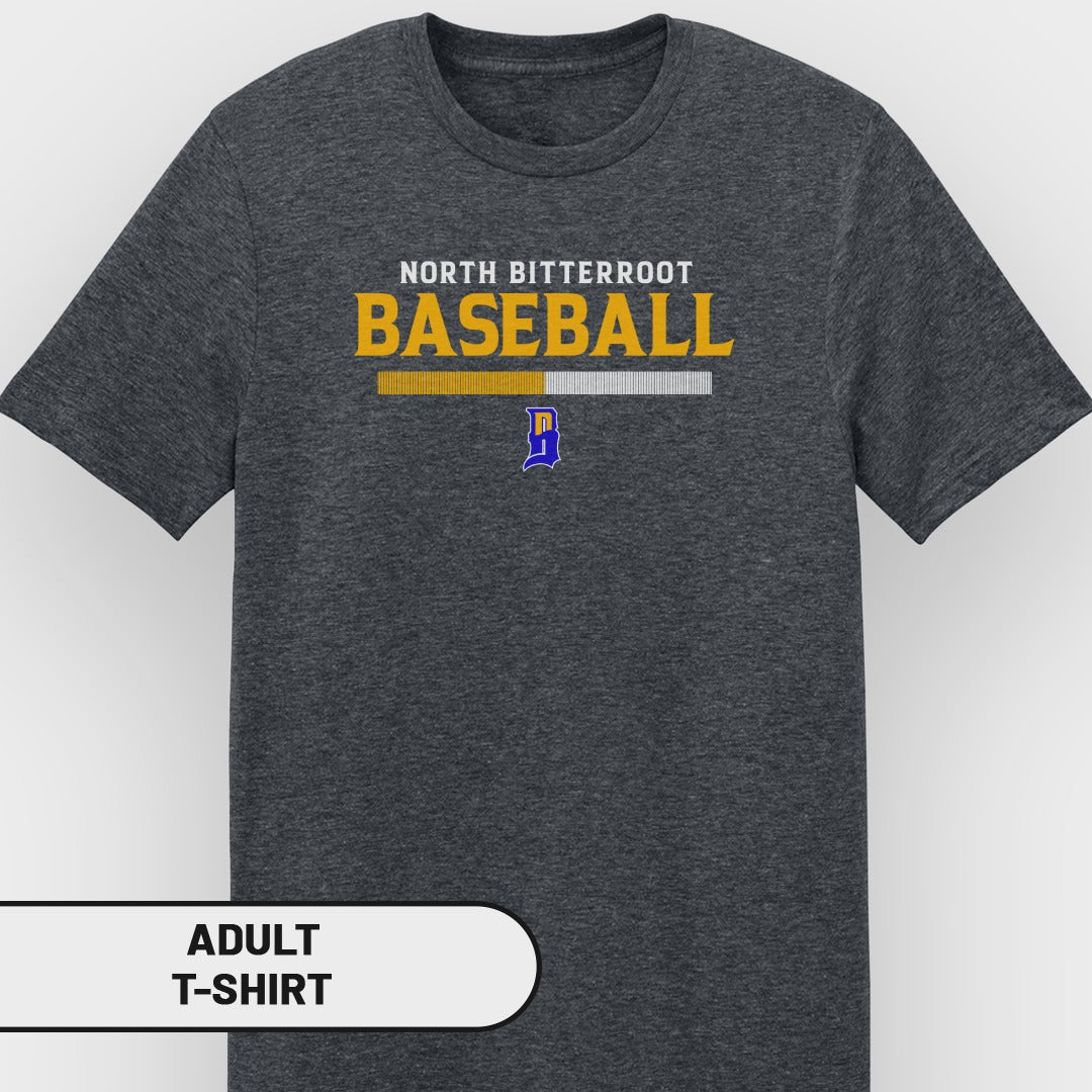 Dark grey t-shirt with "North Bitterroot Baseball" and a blue logo.