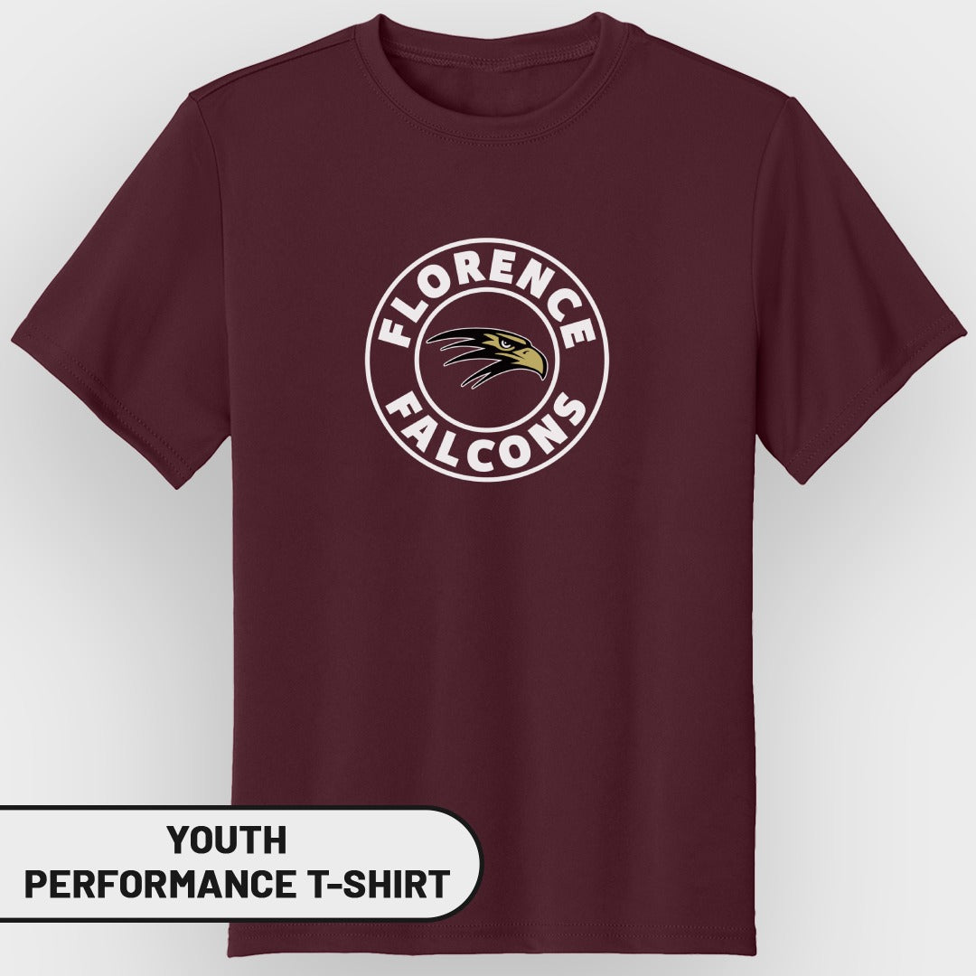 Maroon youth performance t-shirt with Florence Falcons logo.