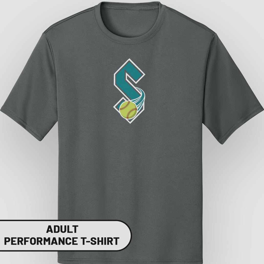Adult performance t-shirt with a white S logo and yellow baseball.