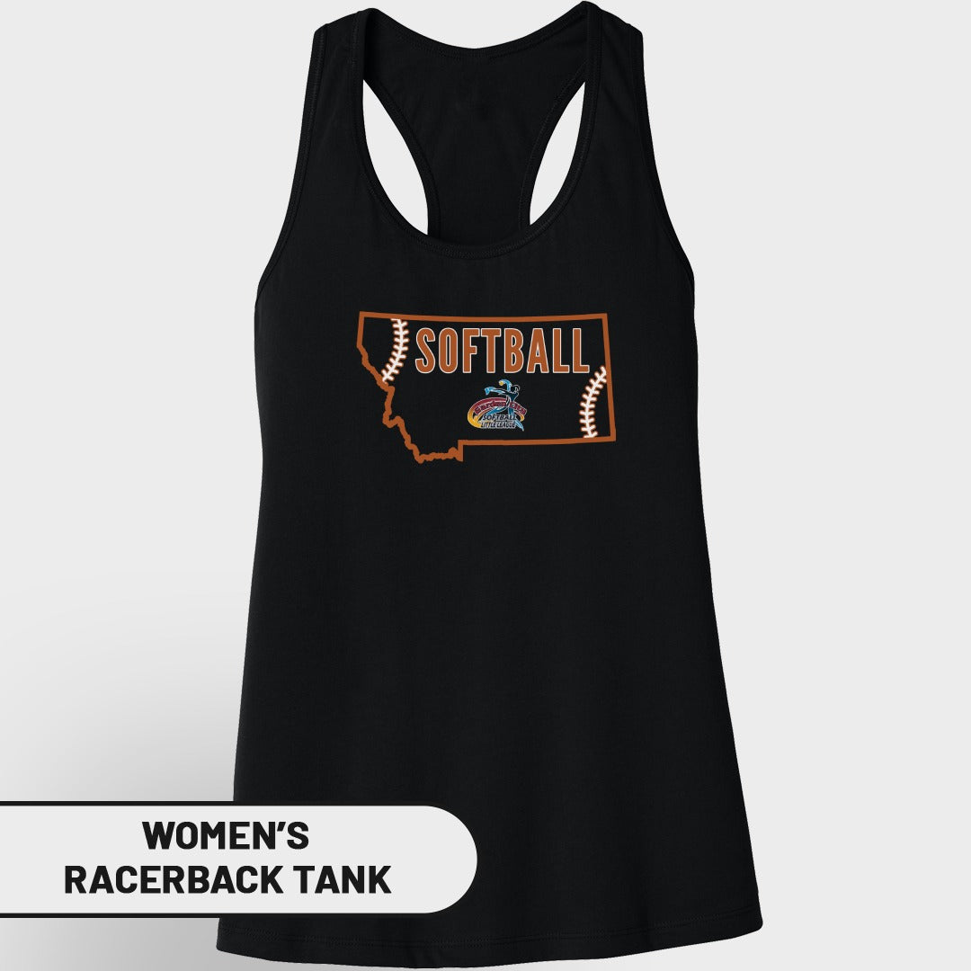 Black women's racerback tank with Montana outline and "Softball" graphic.