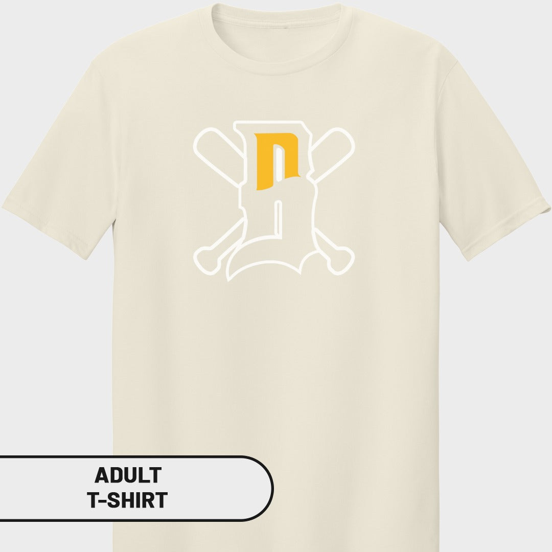 Cream t-shirt with a white and yellow "D" baseball bat logo.