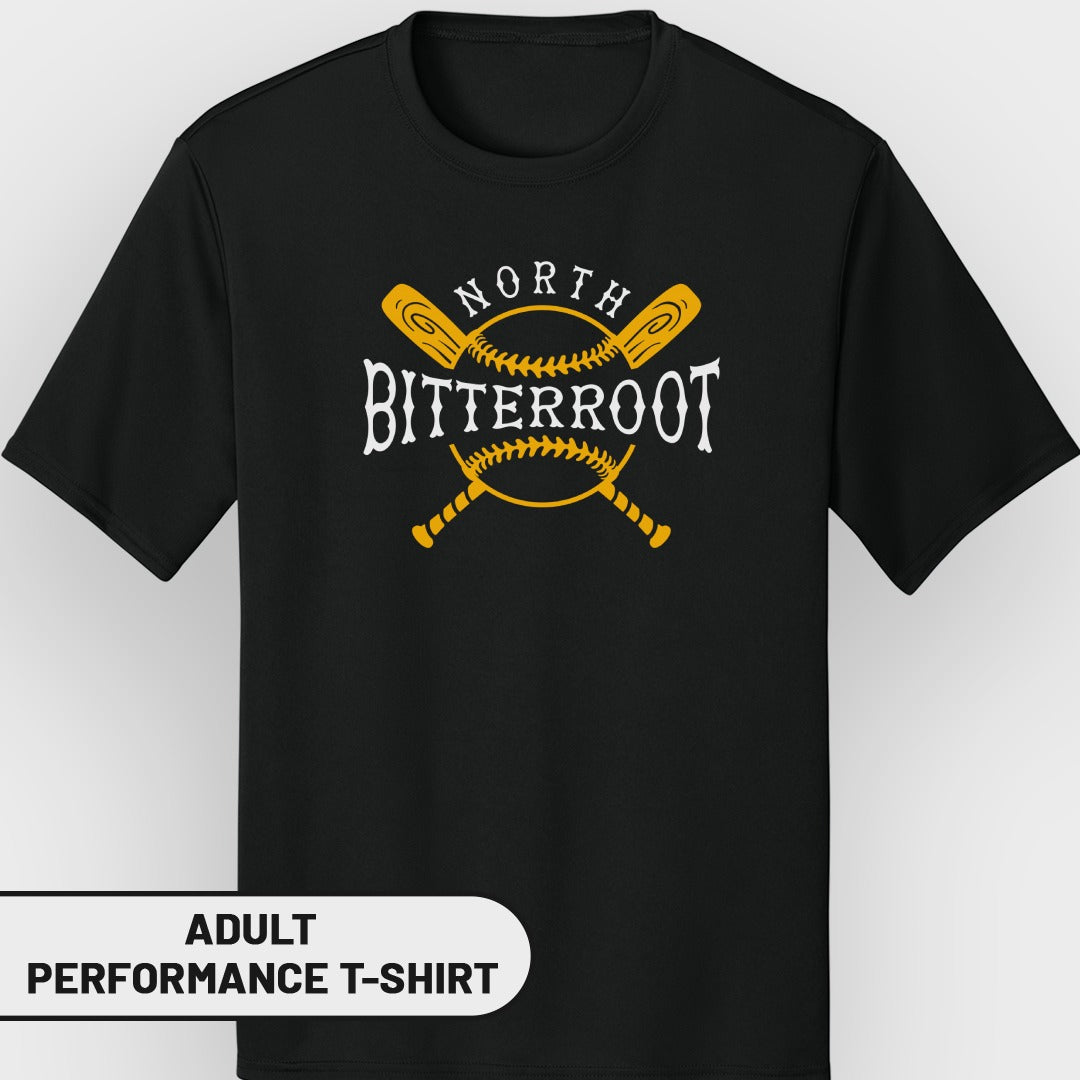 Black adult performance t-shirt with "NORTH BITTERROOT" and crossed baseball bats logo.