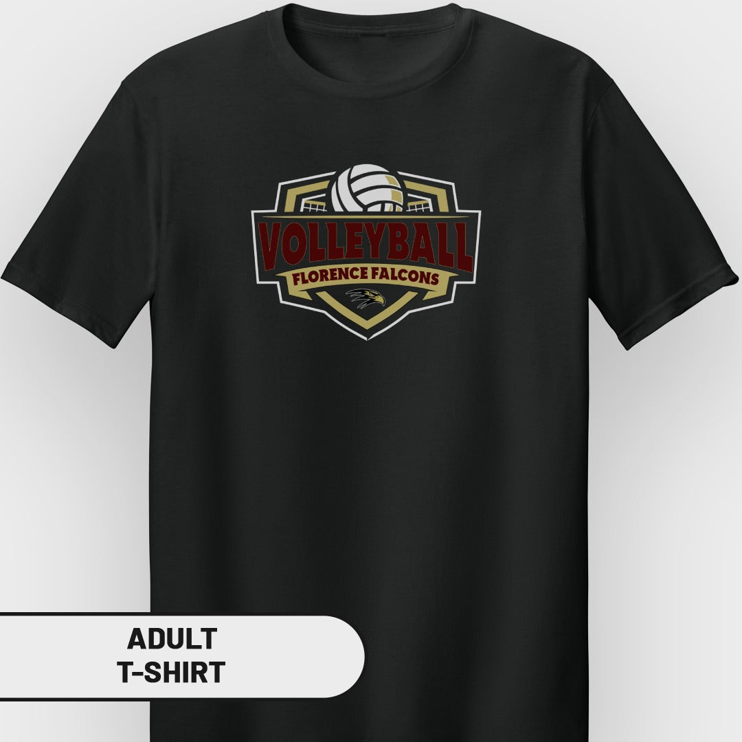 Black t-shirt with a "Volleyball Florence Falcons" logo featuring a volleyball and a falcon.