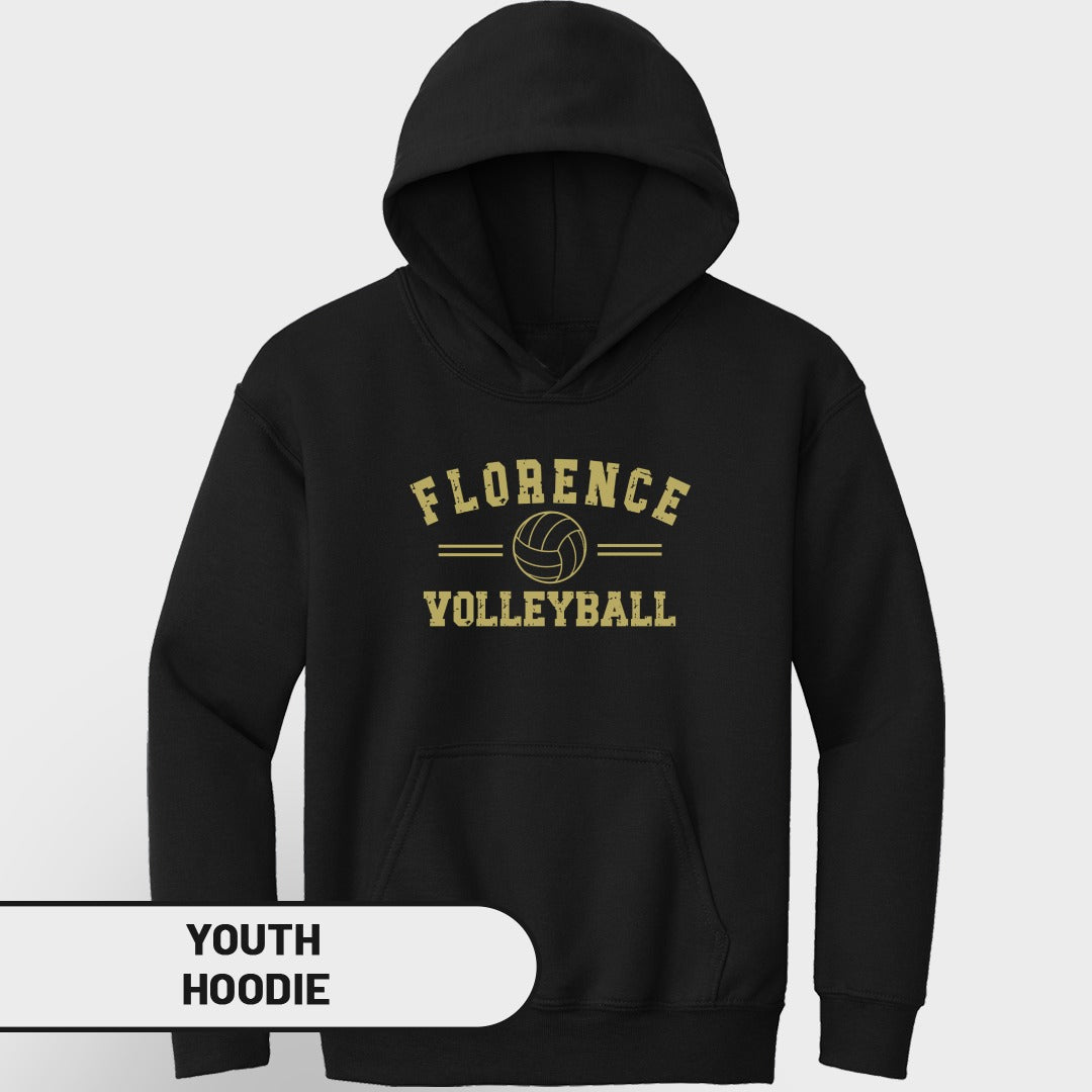 Black youth hoodie with "Florence Volleyball" and volleyball graphic.