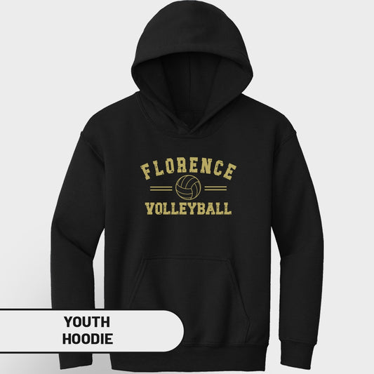 Black youth hoodie with "Florence Volleyball" and volleyball graphic.