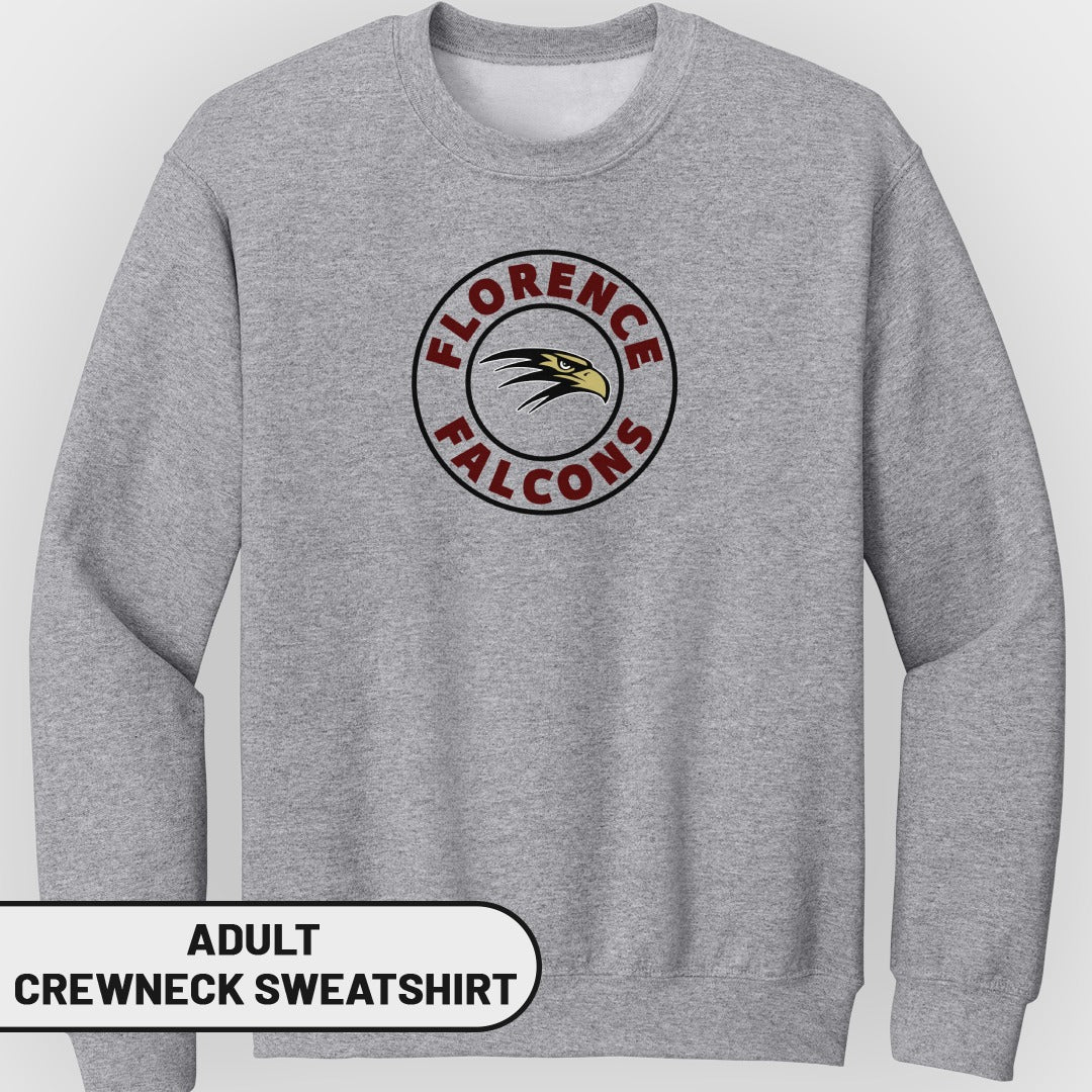 Gray adult crewneck sweatshirt with Florence Falcons circular logo and eagle emblem.