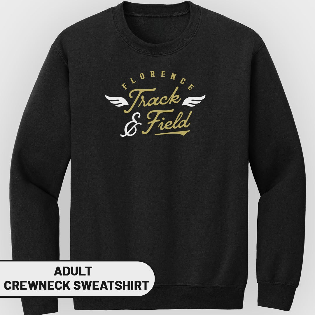 Black crewneck sweatshirt with "Florence Track & Field" graphic in gold and white.