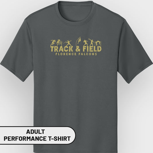 Gray t-shirt with gold "TRACK & FIELD FLORENCE FALCONS" text and track graphics.