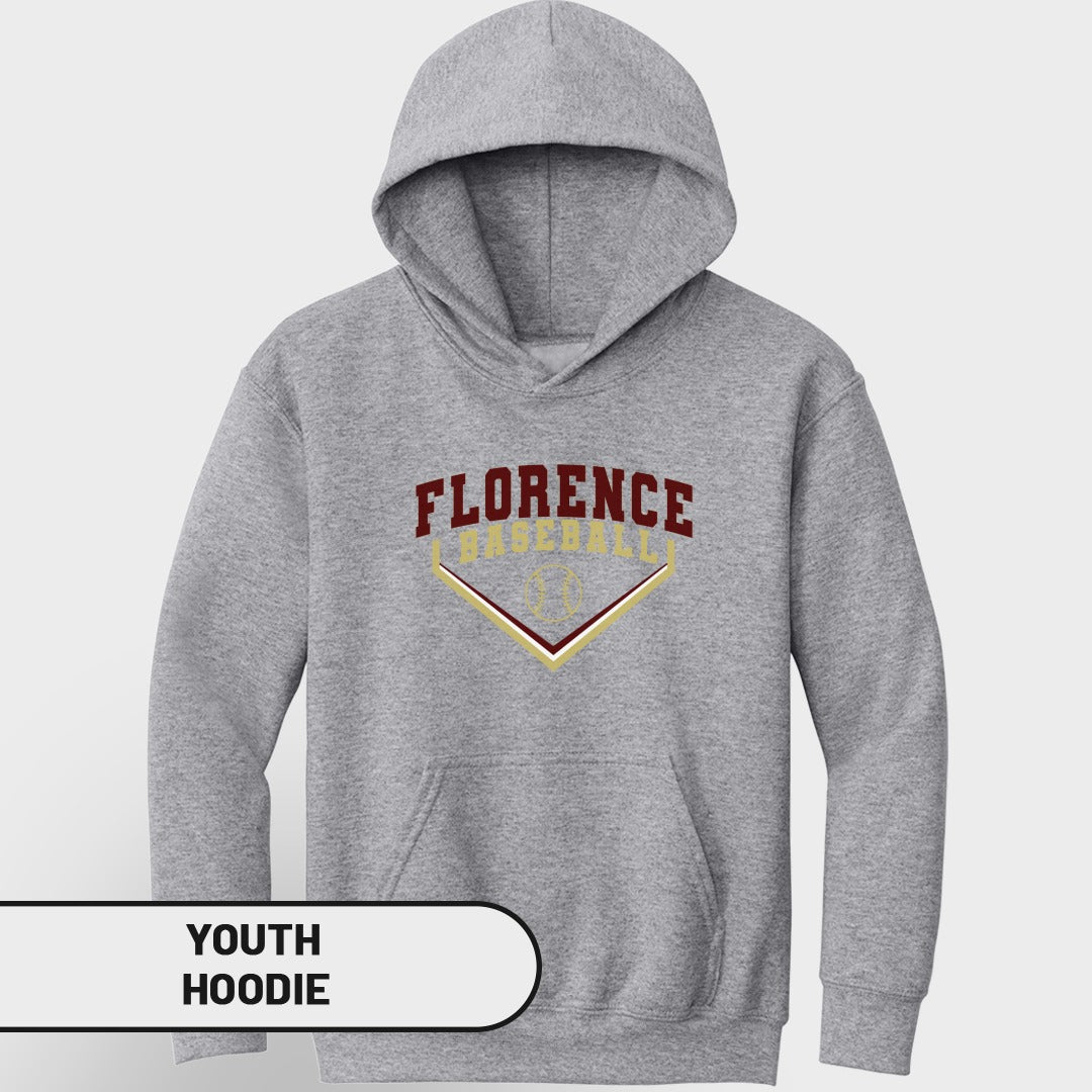 Grey youth hoodie with "FLORENCE BASEBALL" text and baseball graphic.