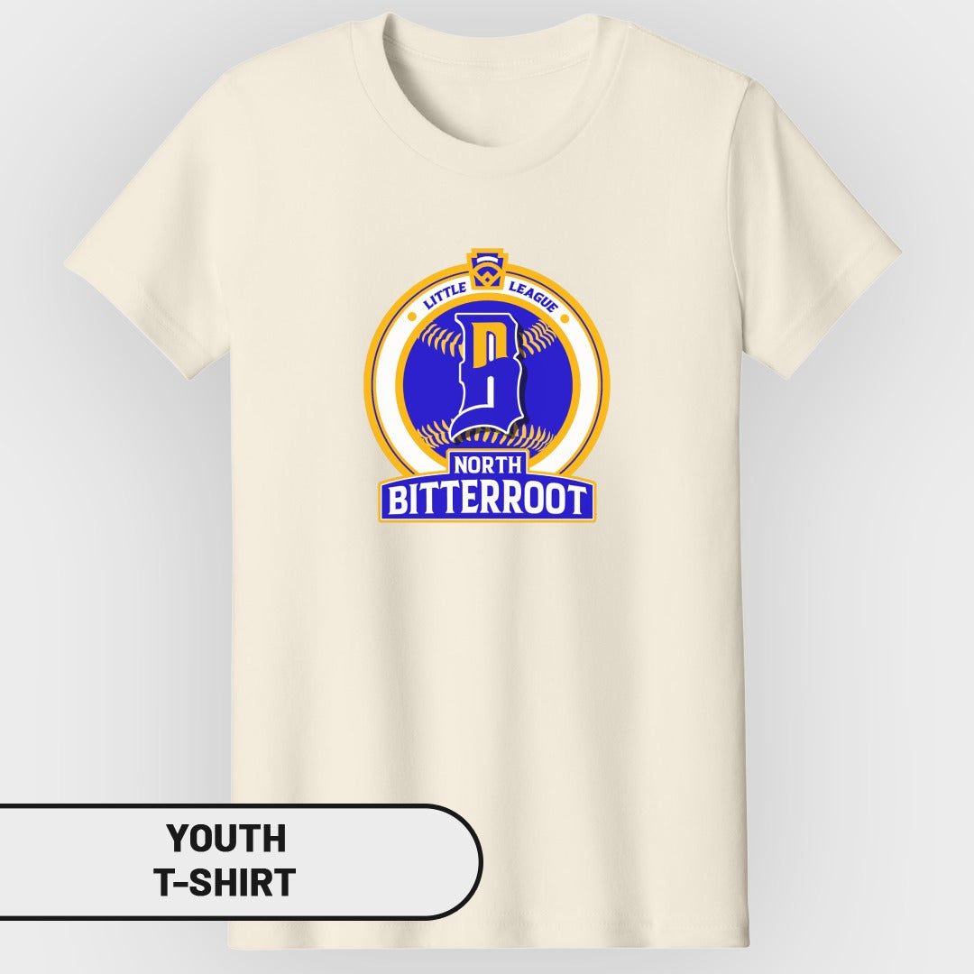 Cream youth t-shirt with Little League North Bitterroot logo.