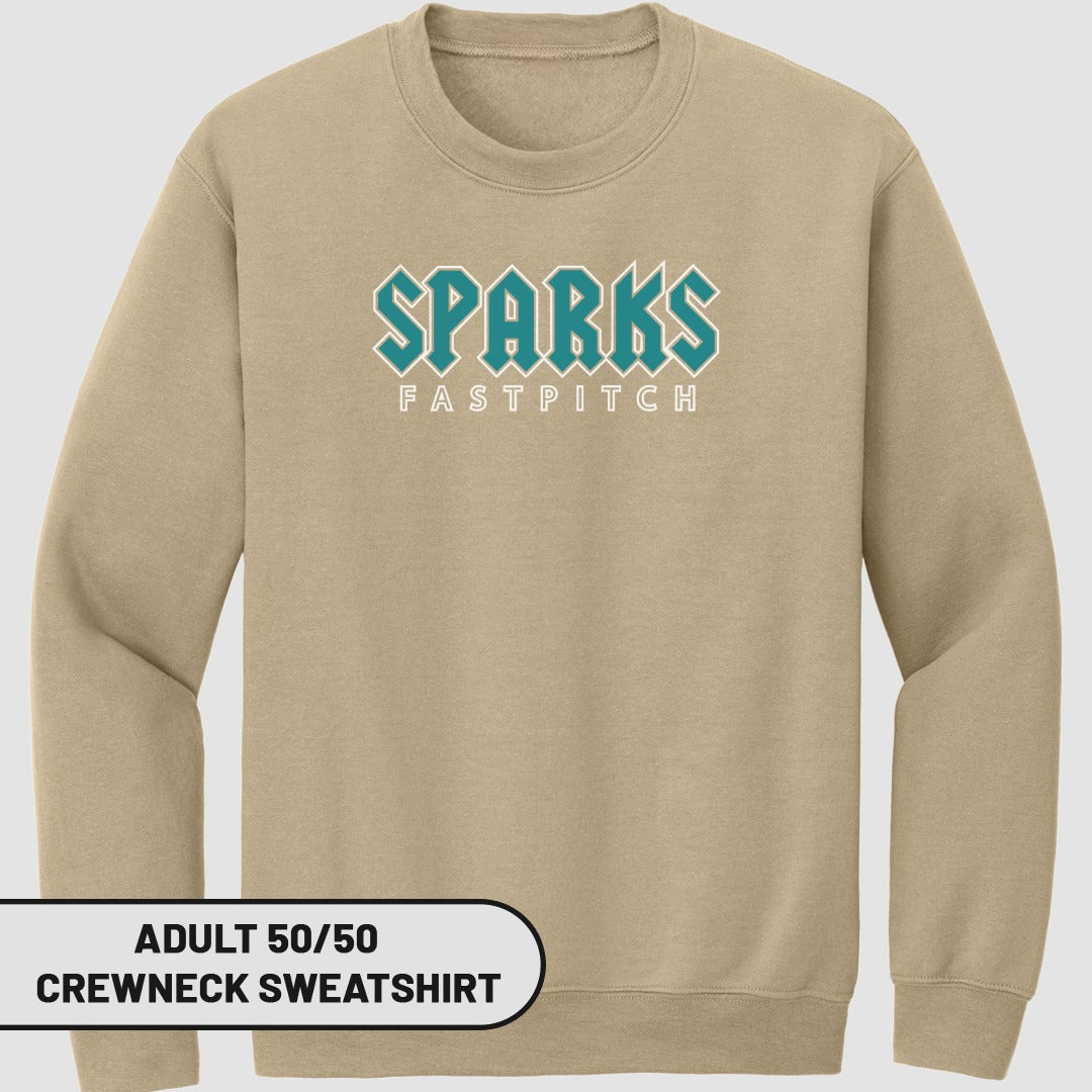 Tan crewneck sweatshirt with "SPARKS FASTPITCH" logo.