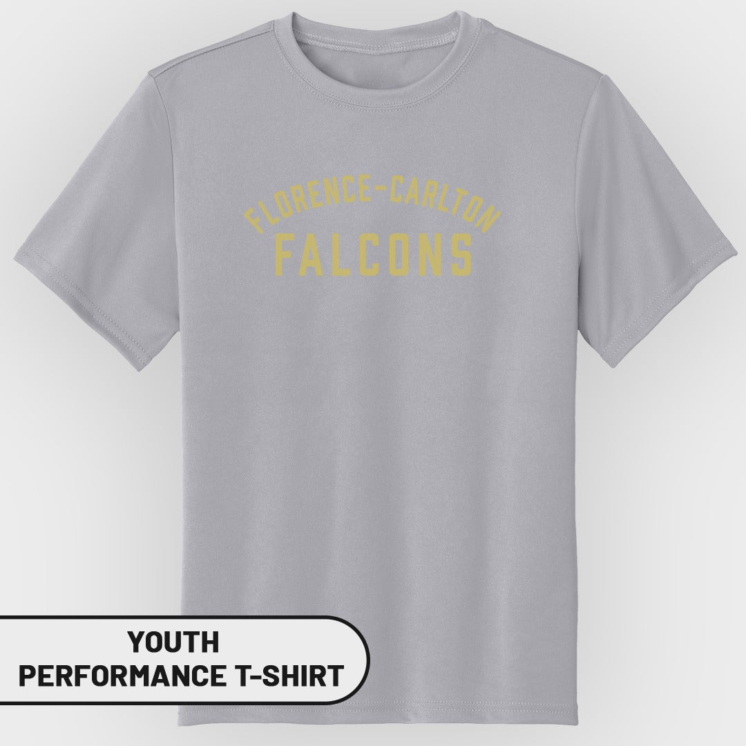 Grey youth performance t-shirt with "FLORENCE-CARLTON FALCONS" text.