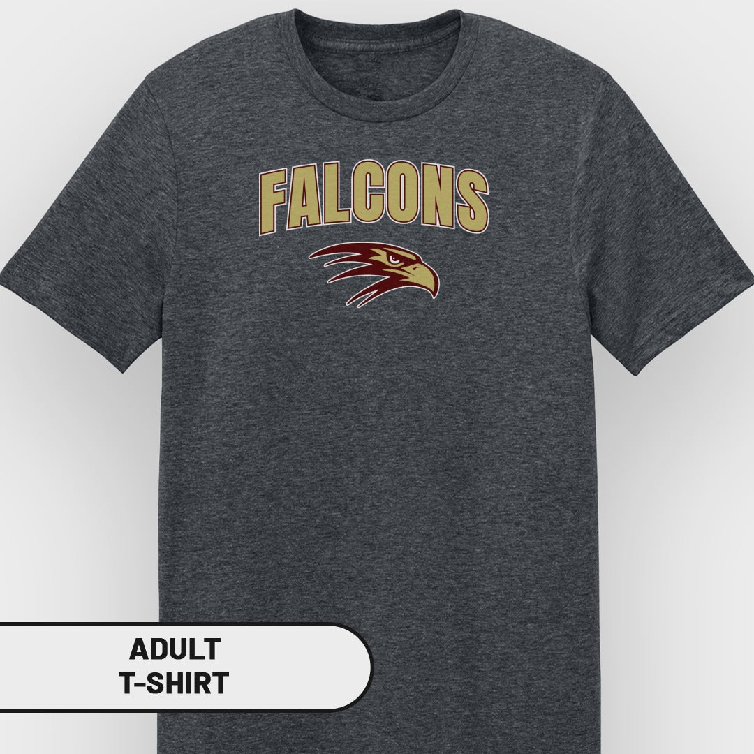 Dark gray adult t-shirt with "Falcons" text and eagle logo.