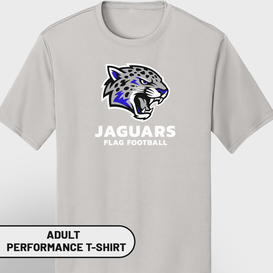Grey adult performance t-shirt with "JAGUARS FLAG FOOTBALL" and a jaguar mascot logo.