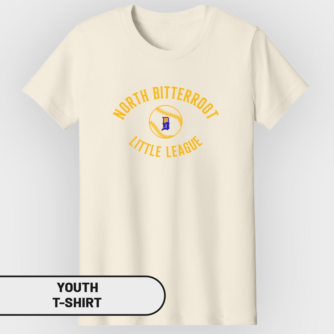 Cream youth t-shirt with yellow North Bitterroot Little League logo.