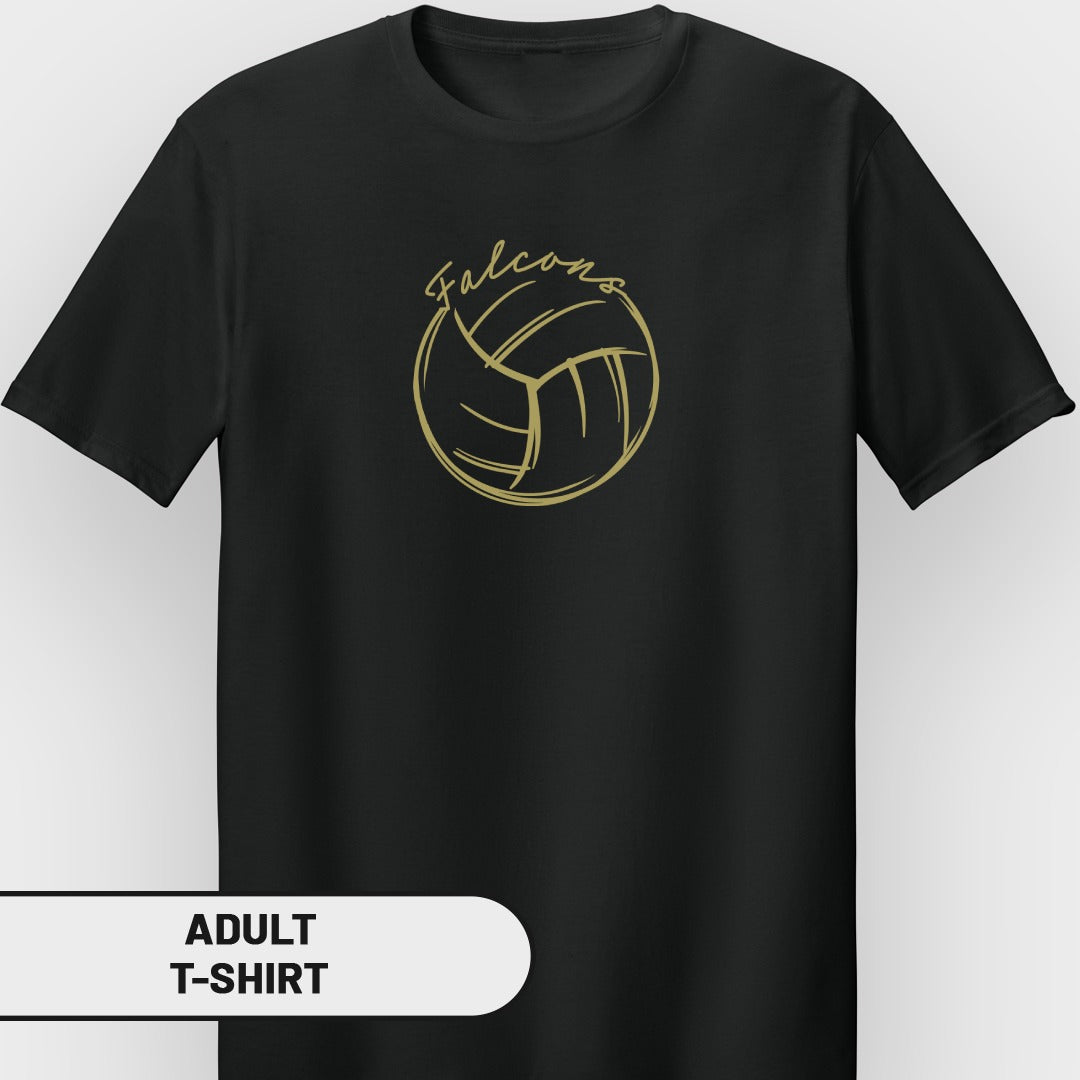 Black adult t-shirt with gold volleyball and "Falcons" graphic.