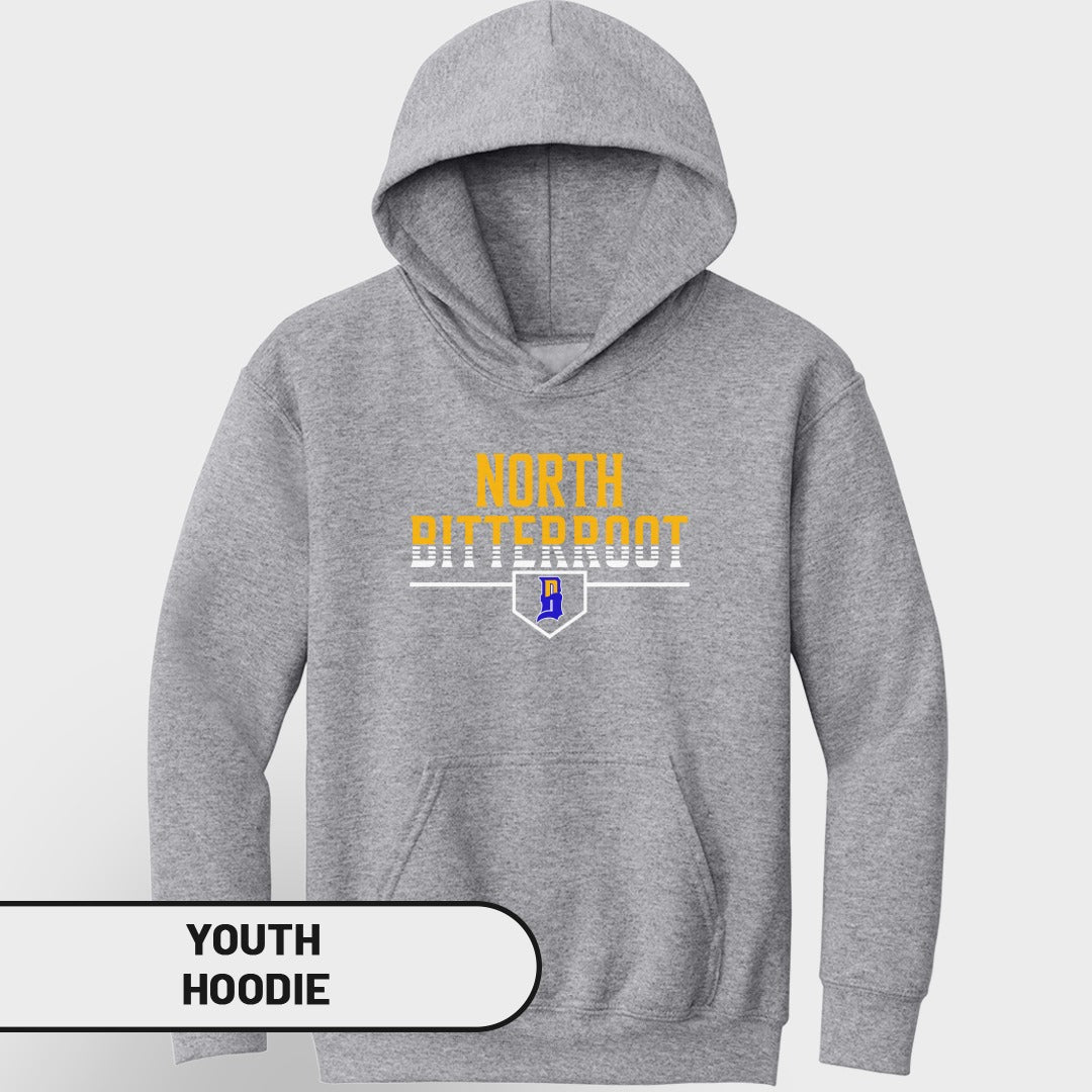 Grey youth hoodie with "NORTH BITTERROOT" and a blue 'B' logo.