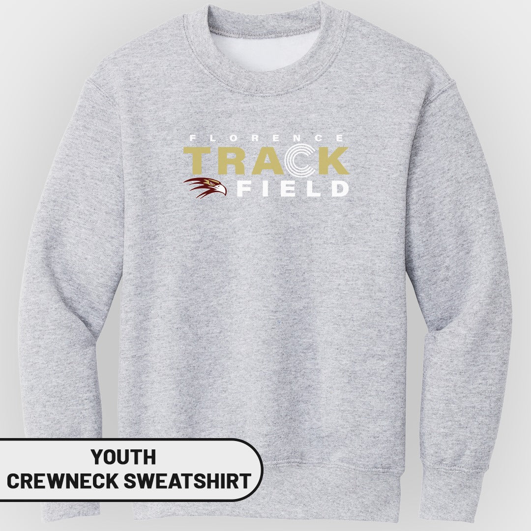 Grey youth crewneck sweatshirt with Florence Track Field text and eagle logo.