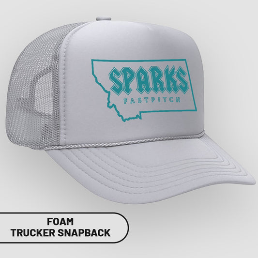 White foam trucker hat with "Sparks Fastpitch" and Montana map graphic.