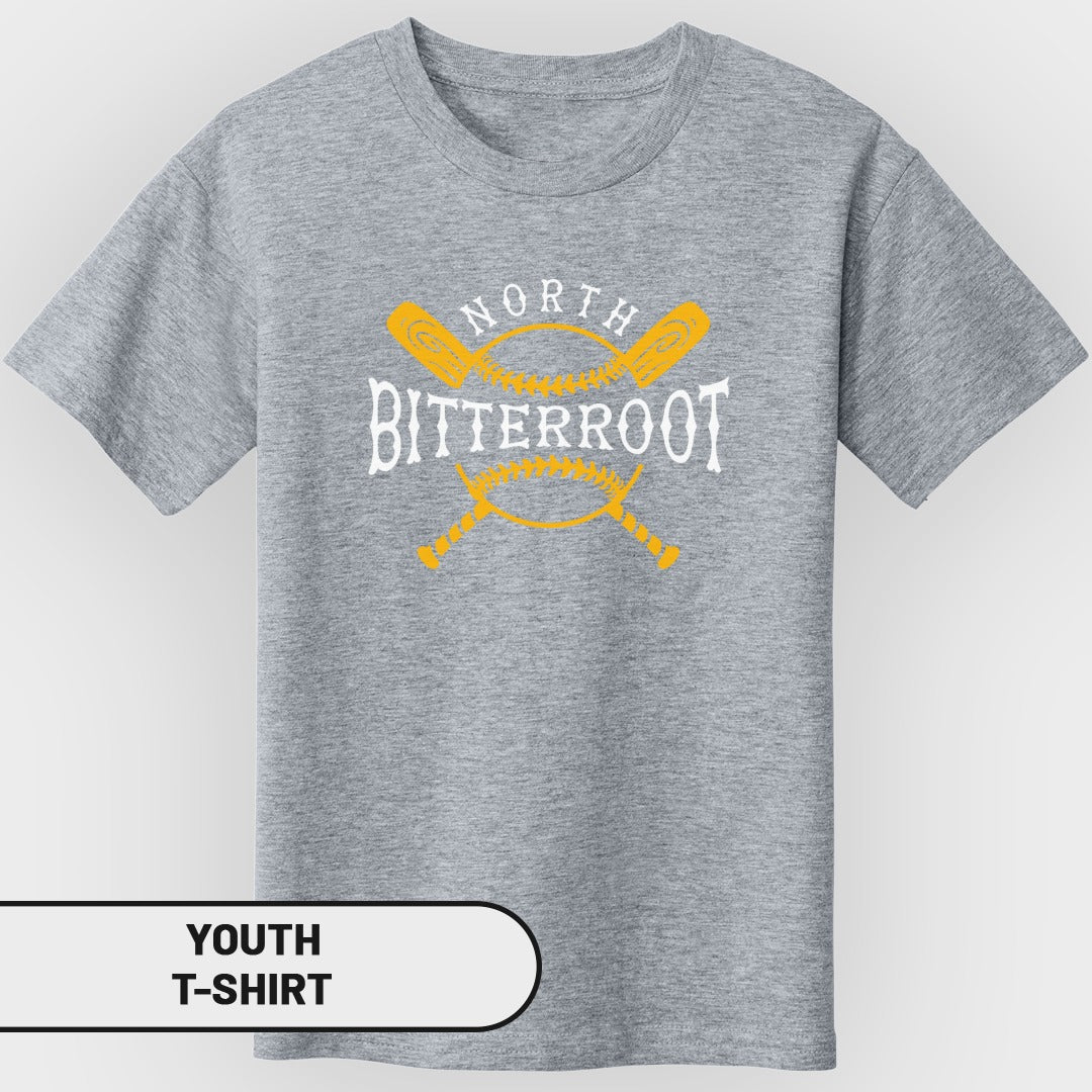 Youth t-shirt with "North Bitterroot" and crossed baseball bats graphic.