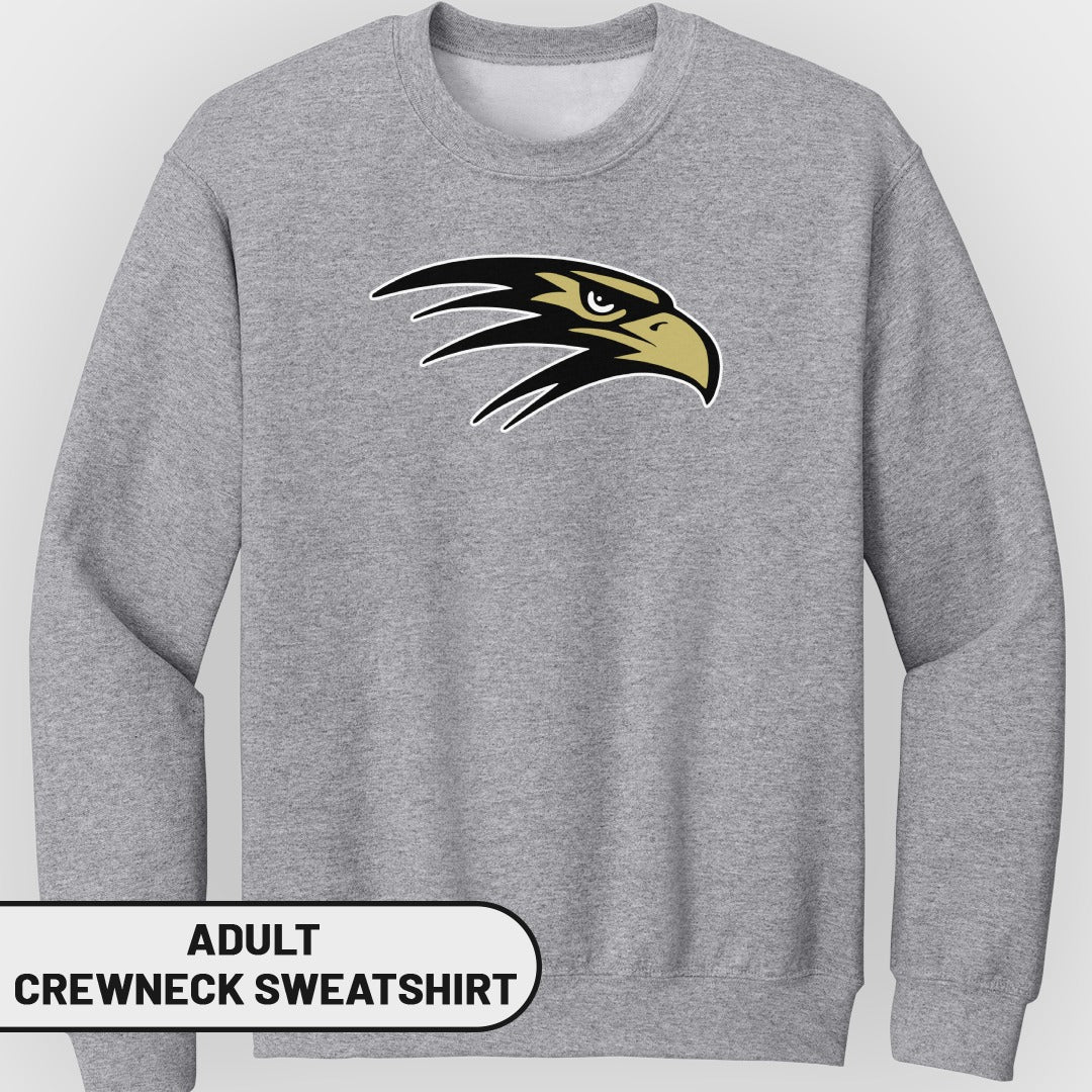 Grey adult crewneck sweatshirt with a black and gold eagle head logo.