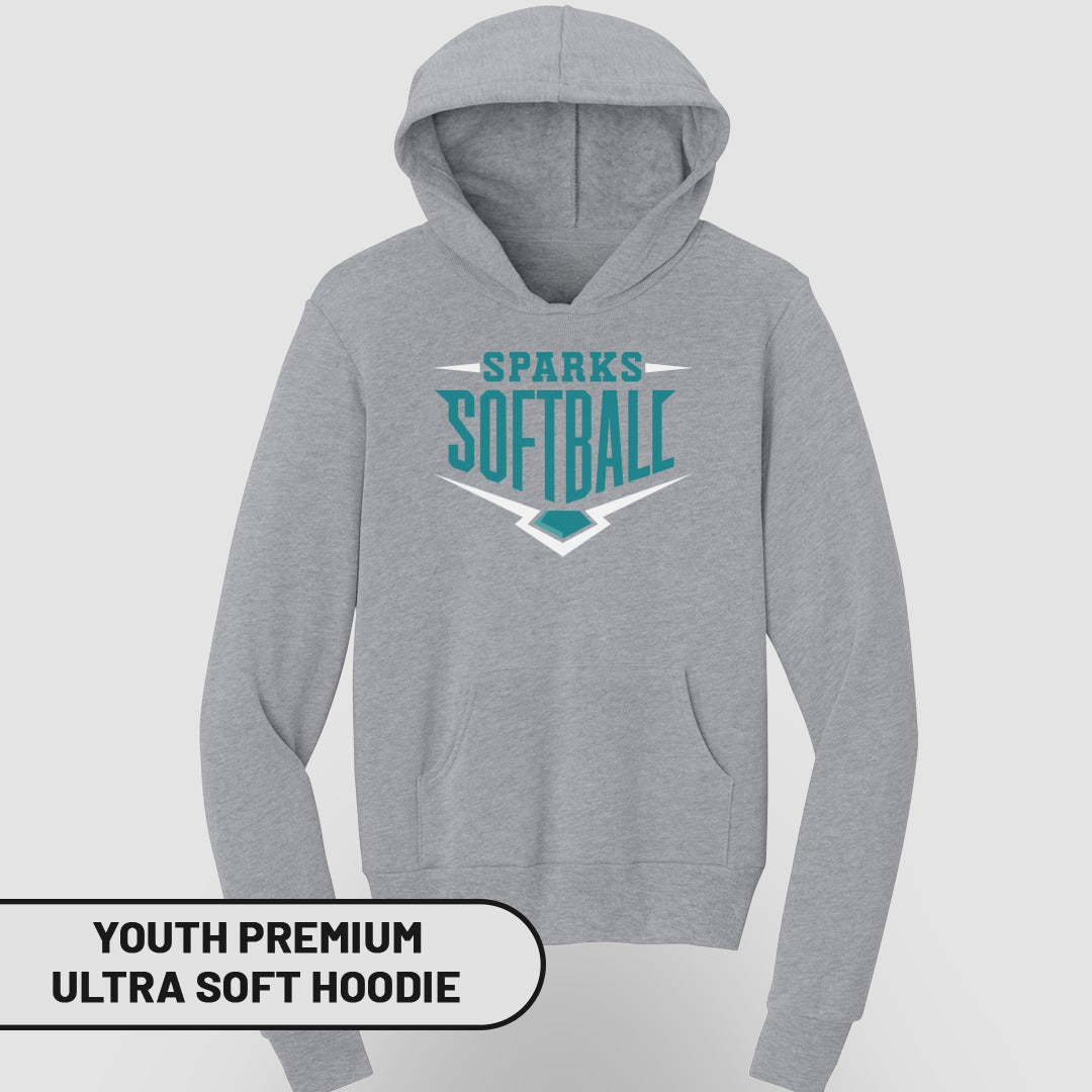 Gray youth premium ultra soft hoodie with Sparks Softball logo.