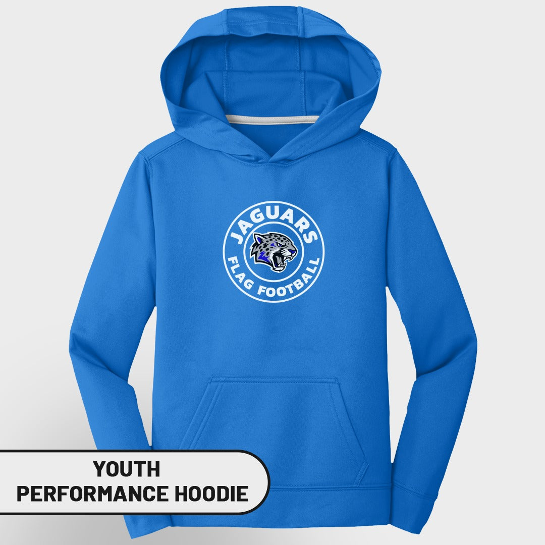 Blue youth performance hoodie with Jaguars flag football logo.