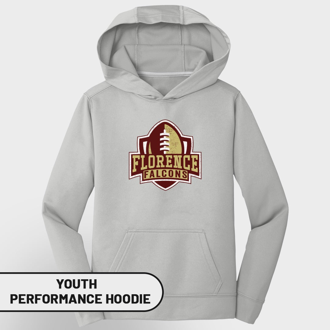 Light grey youth performance hoodie with Florence Falcons football logo.