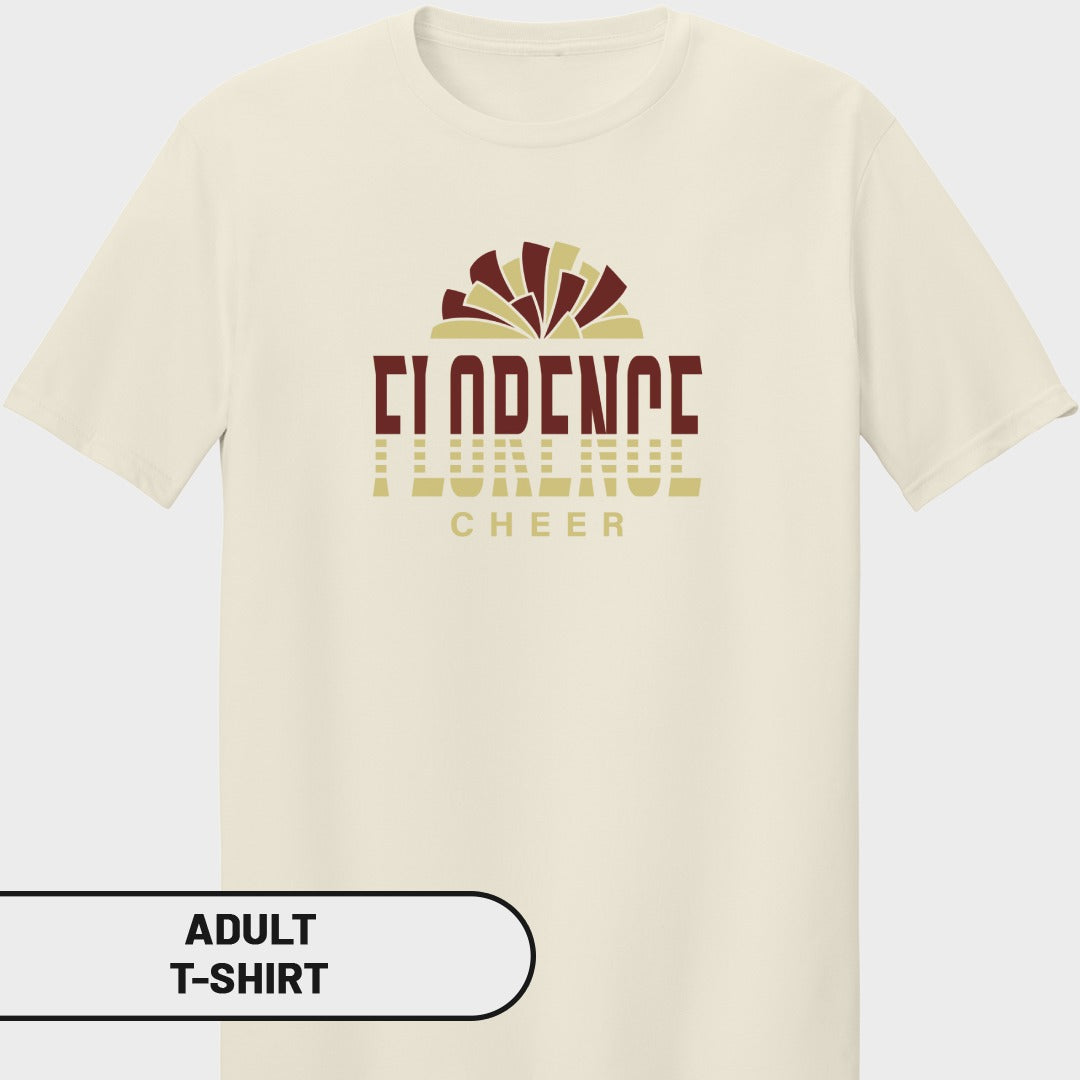 Cream t-shirt with maroon and gold "Florence Cheer" graphic and pom-poms.