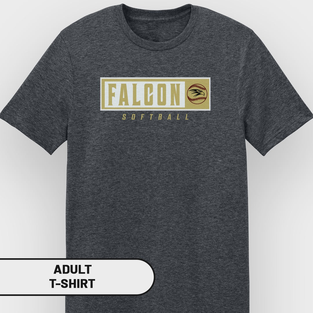Adult dark gray t-shirt with Falcon Softball graphic and softball icon.