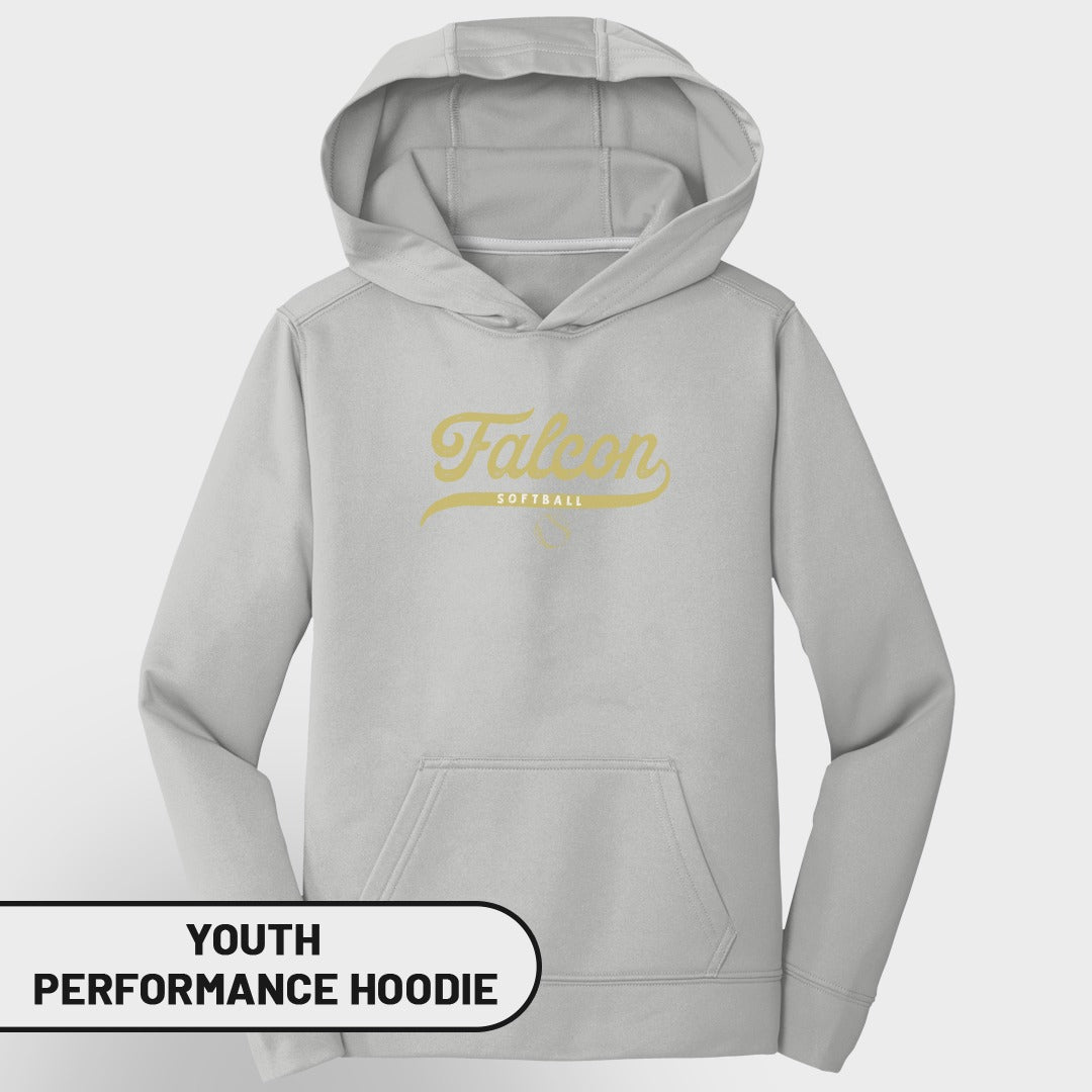 Grey youth performance hoodie with "Falcon Softball" text in yellow.