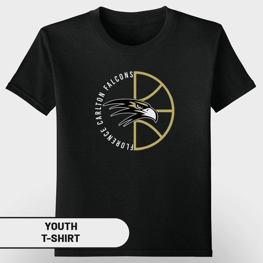 Black youth t-shirt with a basketball logo and "Florence Carlton Falcons" text.