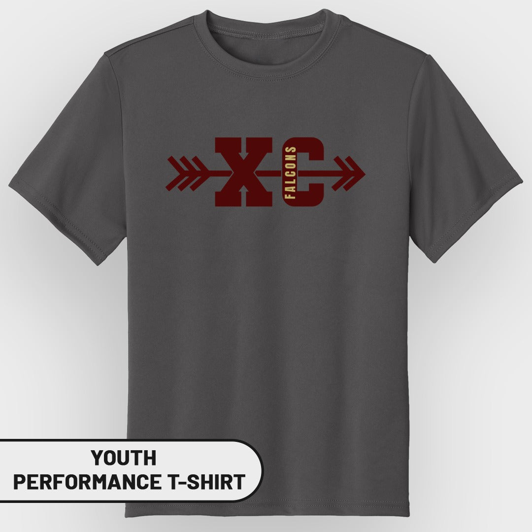 Youth dark grey t-shirt with maroon "XC" and "FALCONS" graphic.