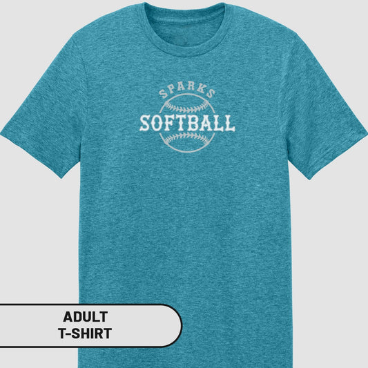 Adult t-shirt with "Sparks Softball" text and baseball graphic.