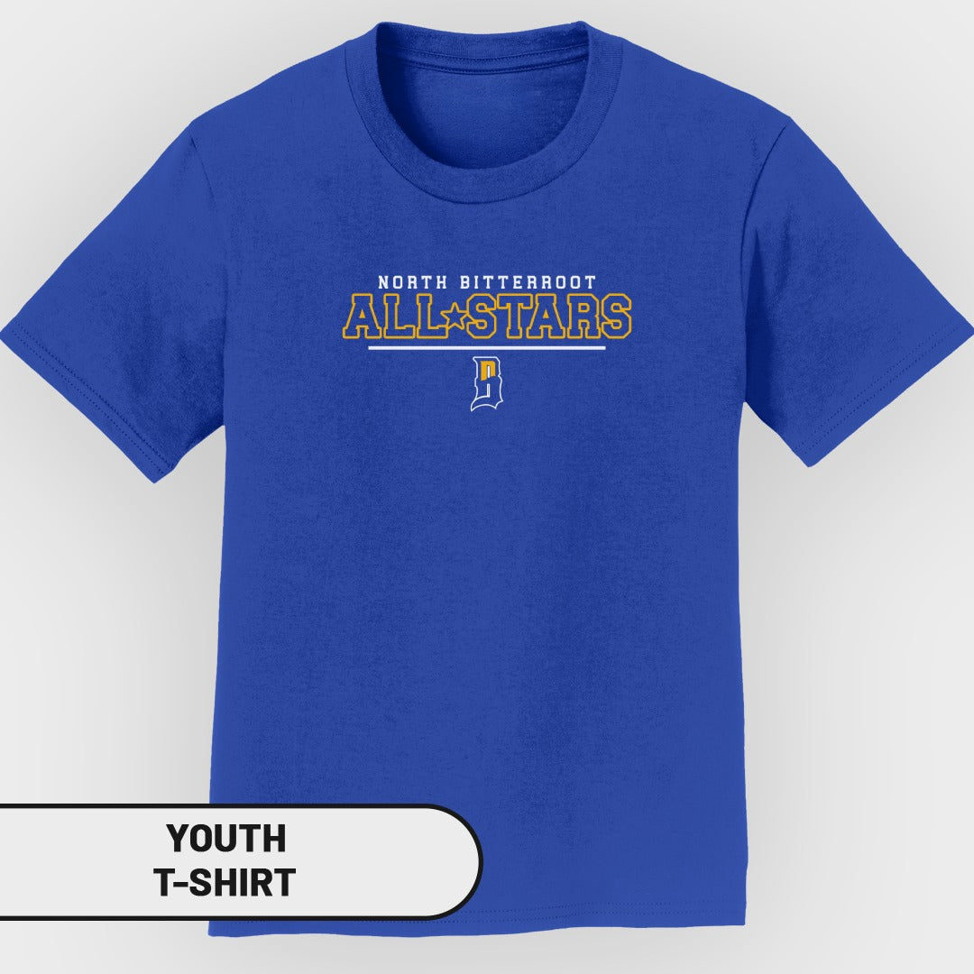 Youth royal blue t-shirt with "North Bitterroot All-Stars" text and a blue logo.