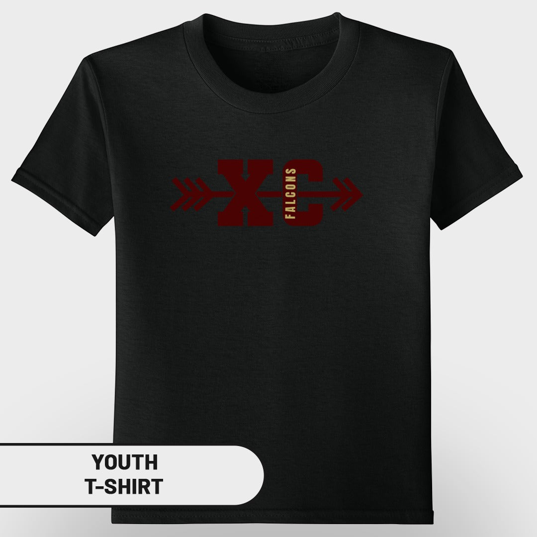 Black youth t-shirt with "XC FALCONS" graphic and arrow accents.