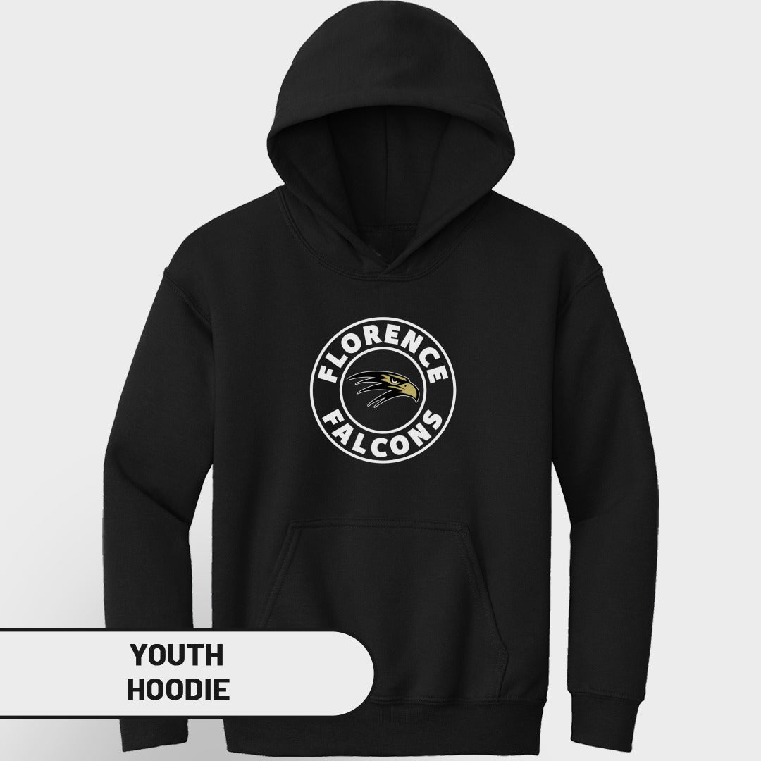 Black youth hoodie with "Florence Falcons" circular logo featuring a falcon head.