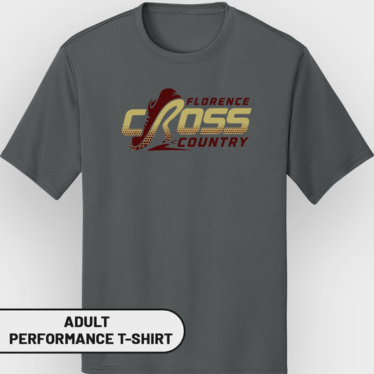 Adult performance t-shirt with "Florence Cross Country" graphic and running shoe.