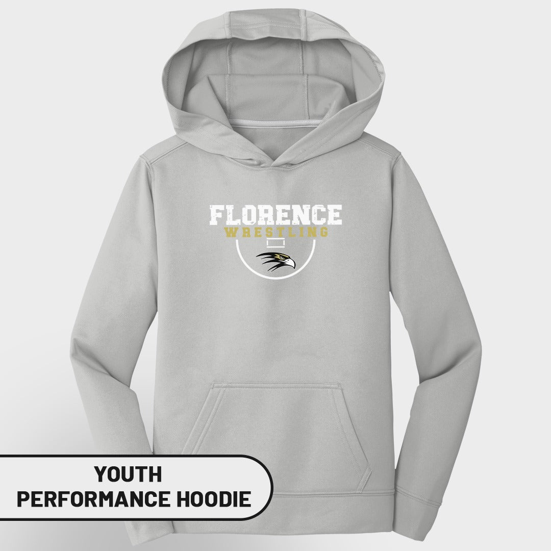 Youth grey performance hoodie with Florence Wrestling logo and eagle graphic.