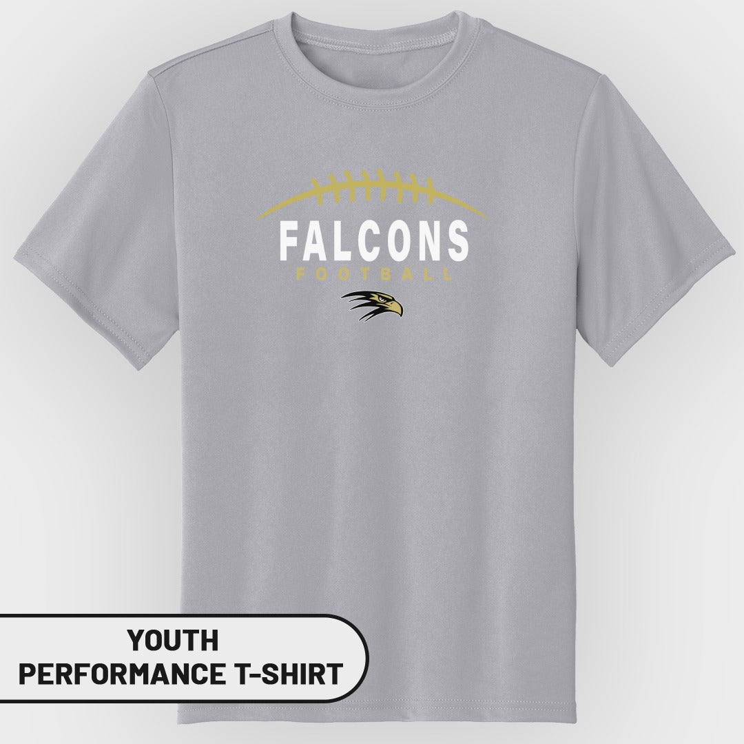 Youth performance t-shirt with white "FALCONS" and a falcon logo.