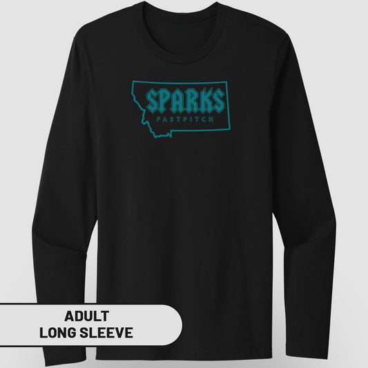Black long-sleeve shirt with "SPARKS FASTPITCH" in Montana outline.