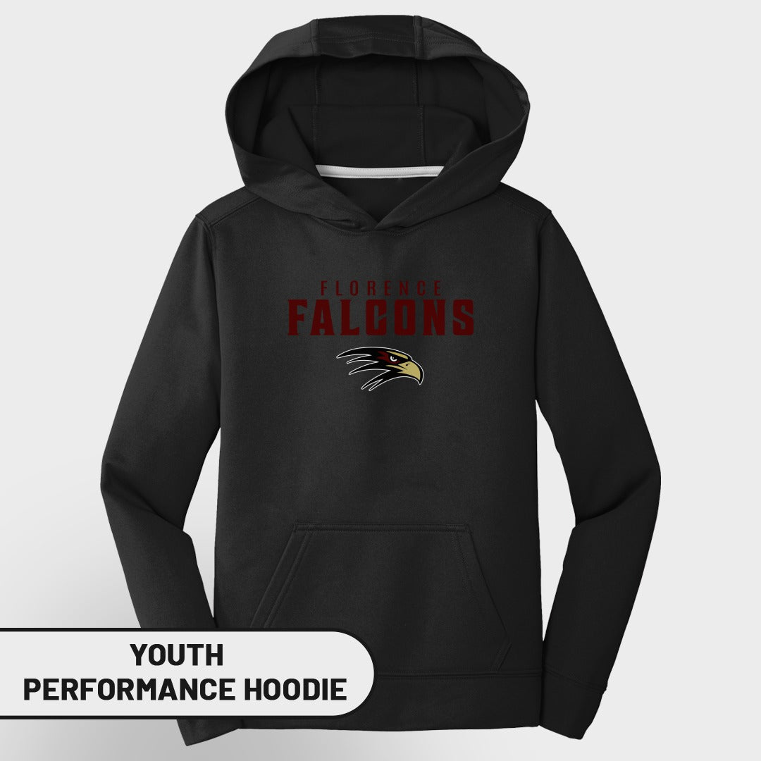 Youth black performance hoodie with "Florence Falcons" and falcon head logo.