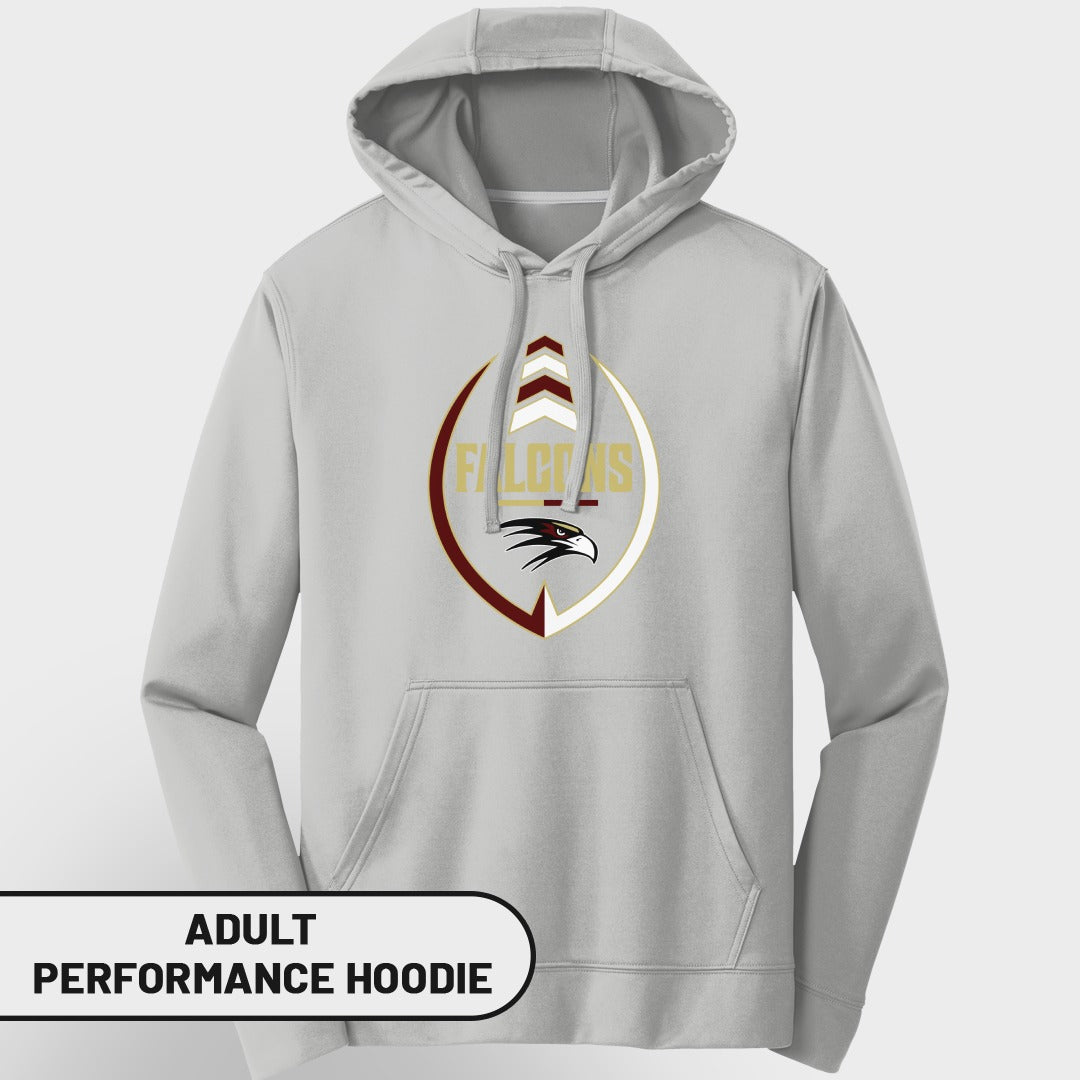 Gray adult performance hoodie with a football graphic and "FALCONS" text.