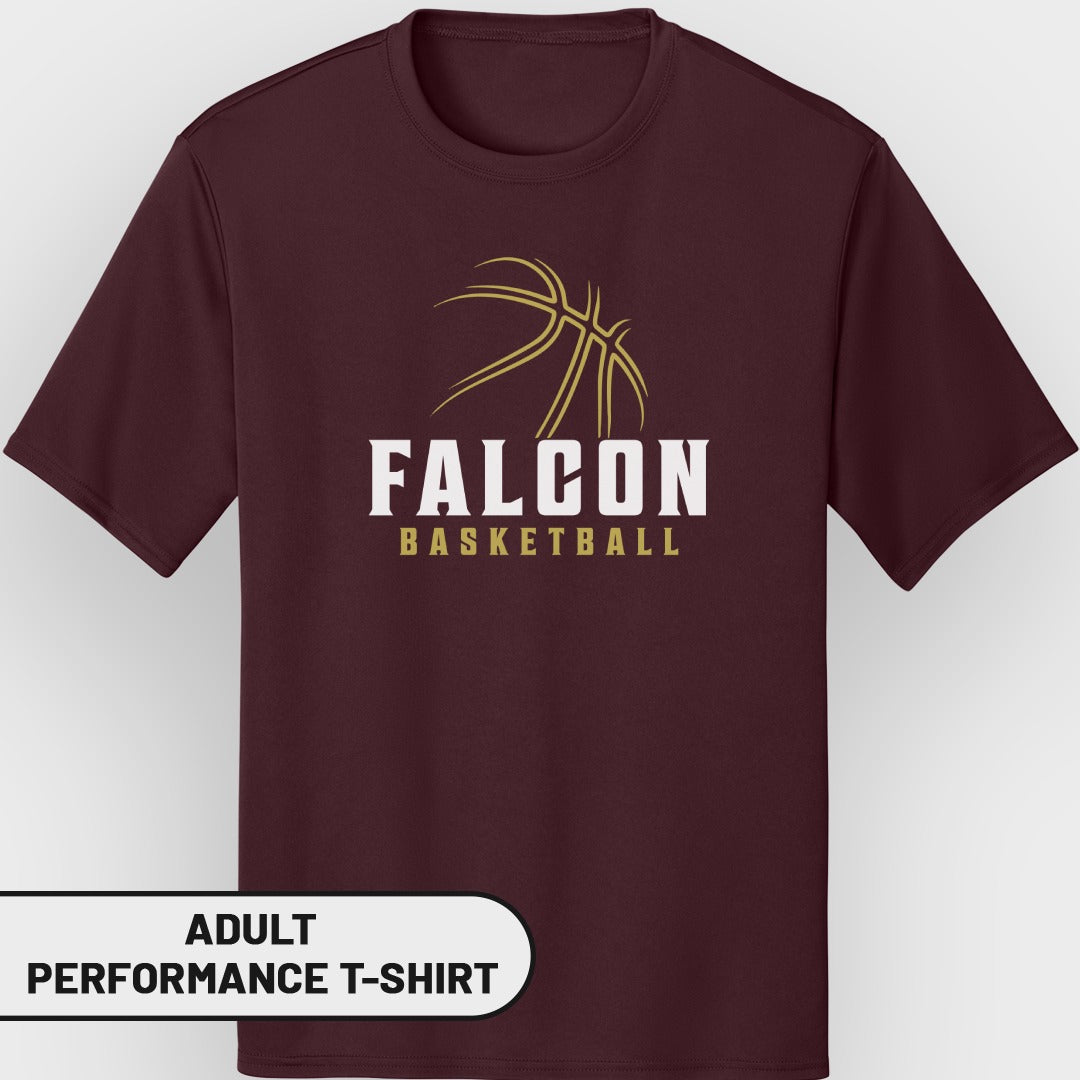 Maroon adult performance t-shirt with Falcon Basketball graphic.