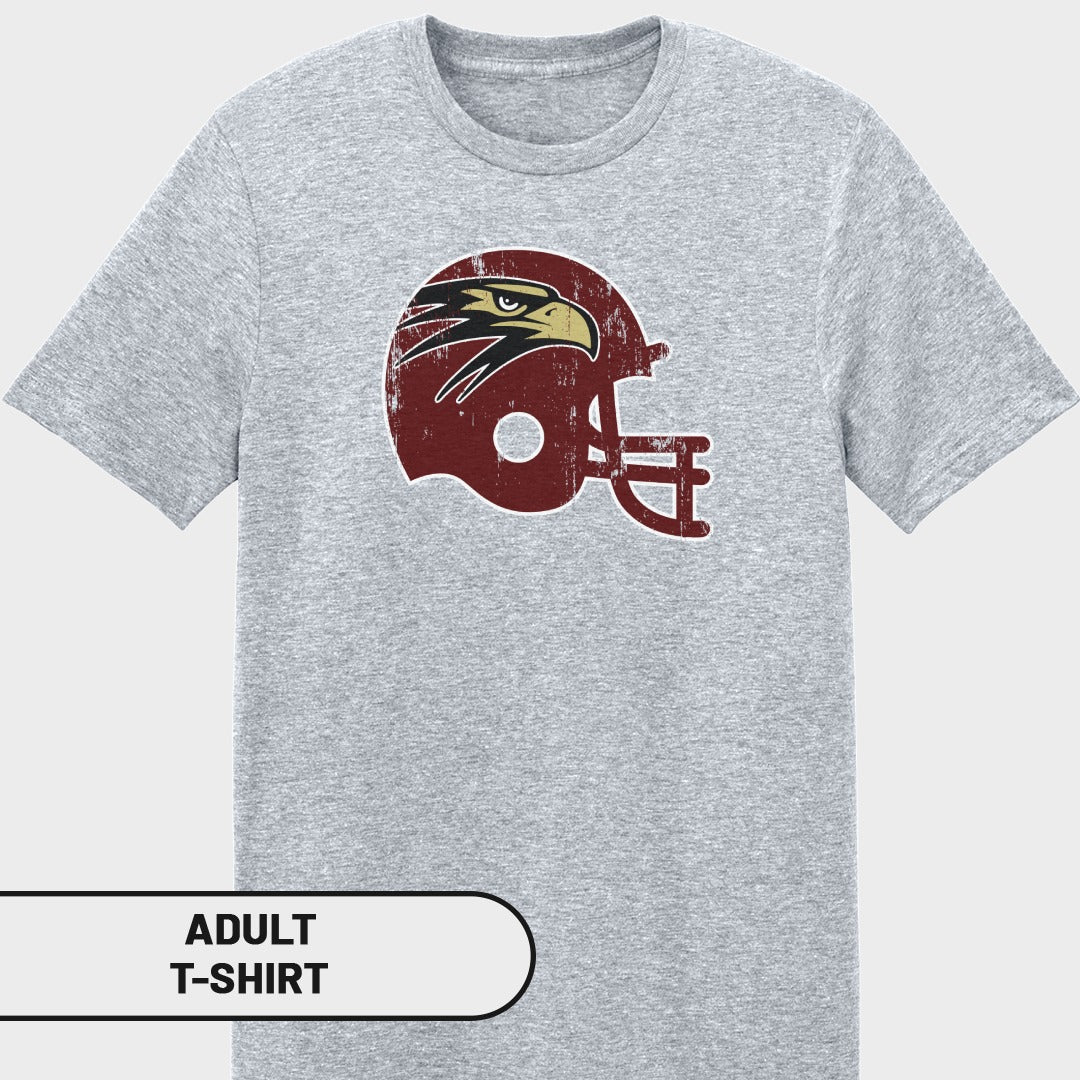 Grey adult t-shirt with a distressed maroon football helmet featuring an eagle graphic.