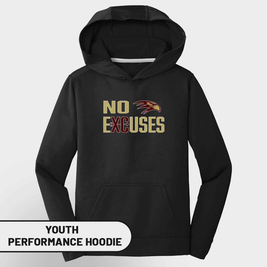 Black youth performance hoodie with "NO EXCUSES" text and an eagle graphic.