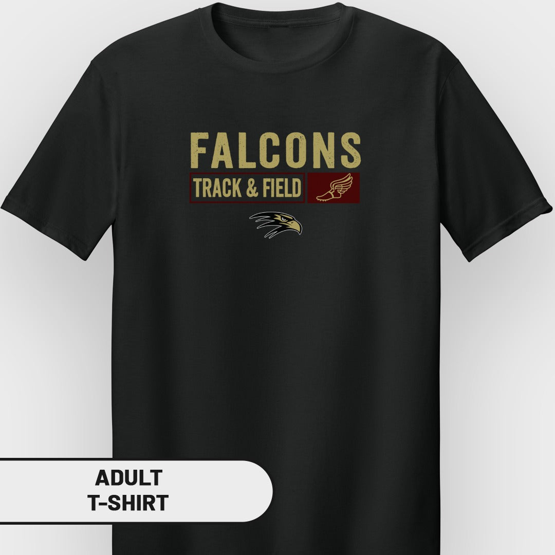 Black adult t-shirt with "FALCONS TRACK & FIELD" and falcon logo.