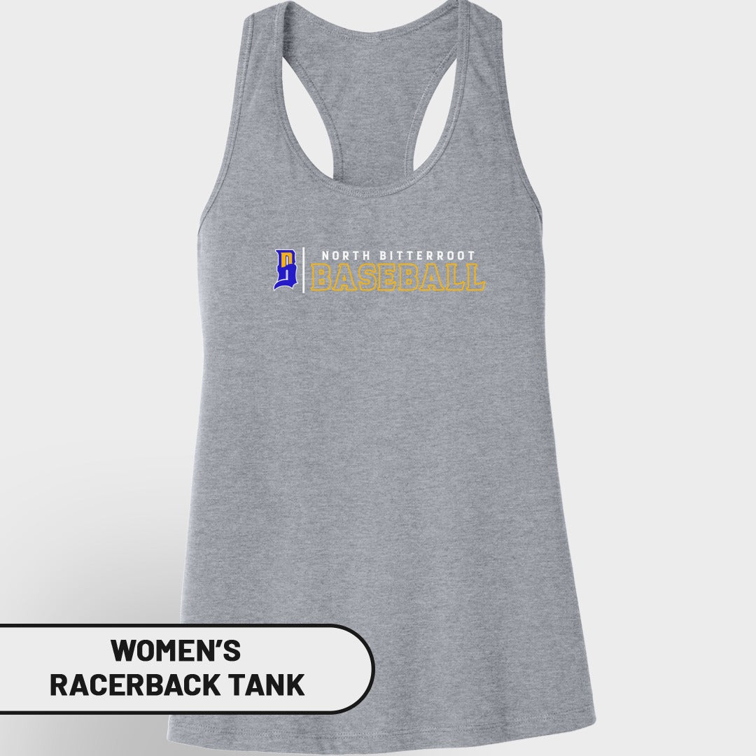 Grey women's racerback tank with "North Bitterroot Baseball" logo.